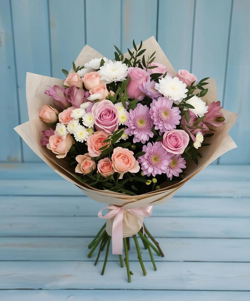 Букет цветов из: Хризантемы, Розы и Альстромерии в Ксеньевке